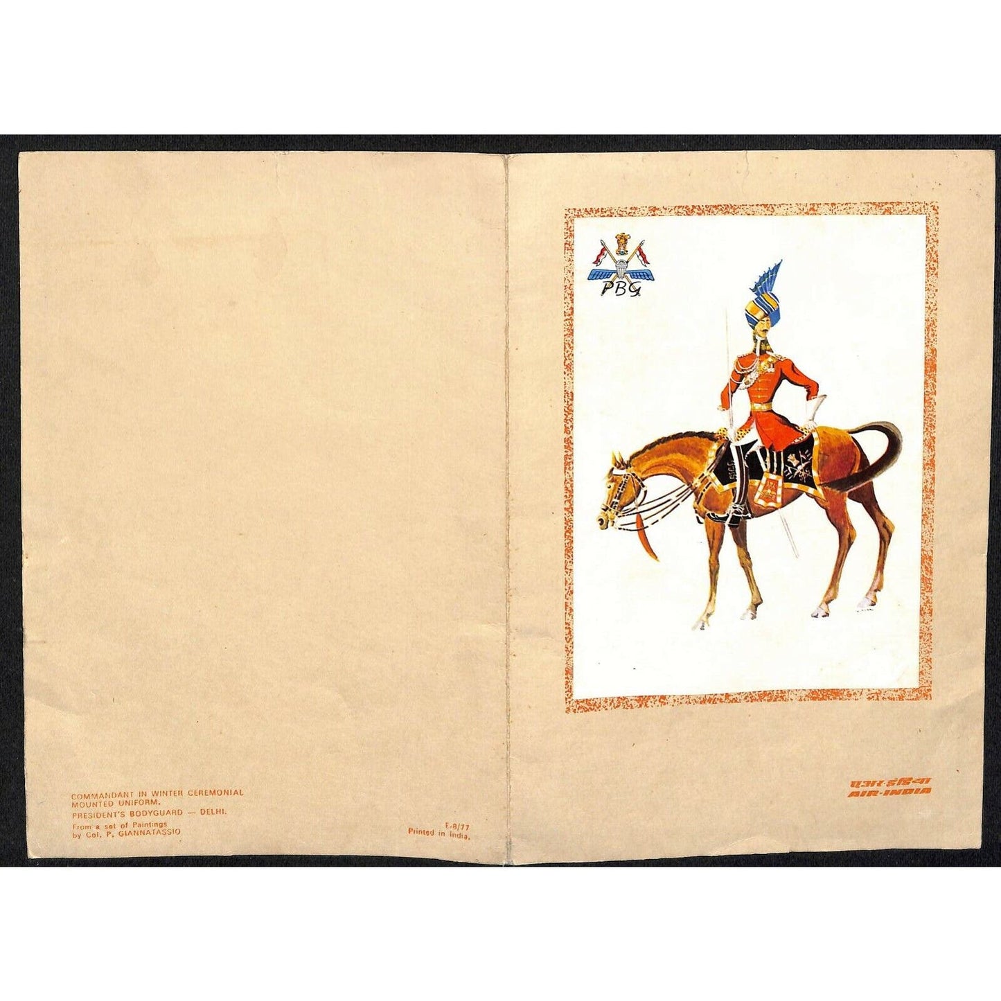 c1977 Air India Dinner Menu w/ Tipped In Giannatassio Commandant Cover Art