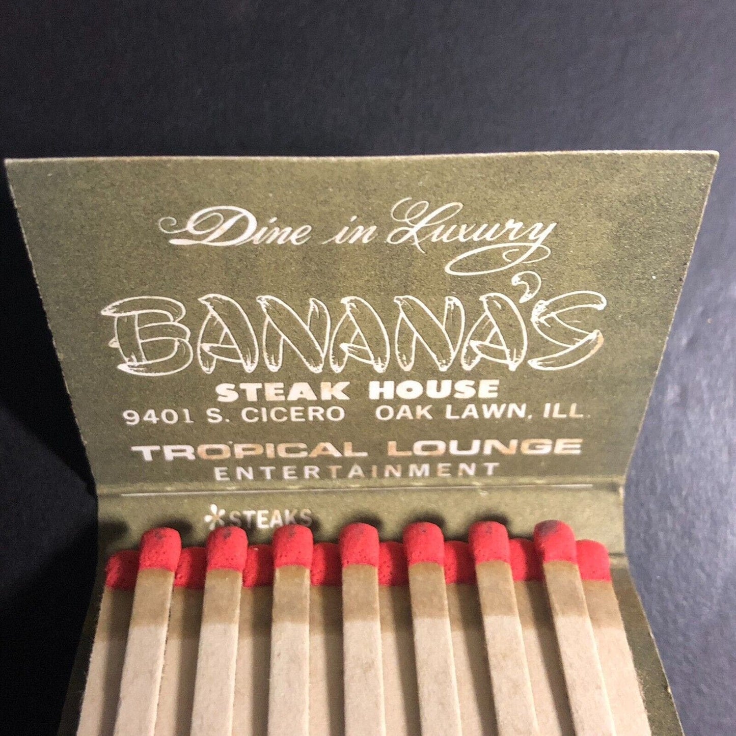 Bananas Steak House Restaurant Oak Lawn, IL Full Matchbook c1960's-74 Scarce