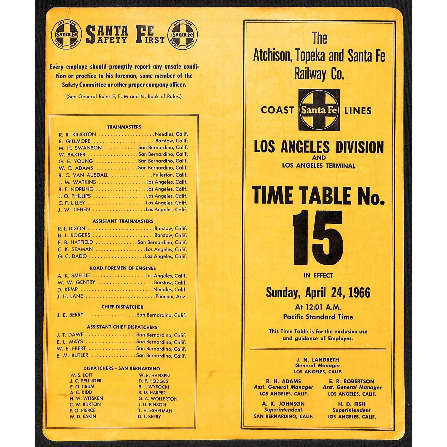 1966 UNFOLDED Atchison, Topeka and Santa Fe Railway Emp. Time Table No. 15 19pp