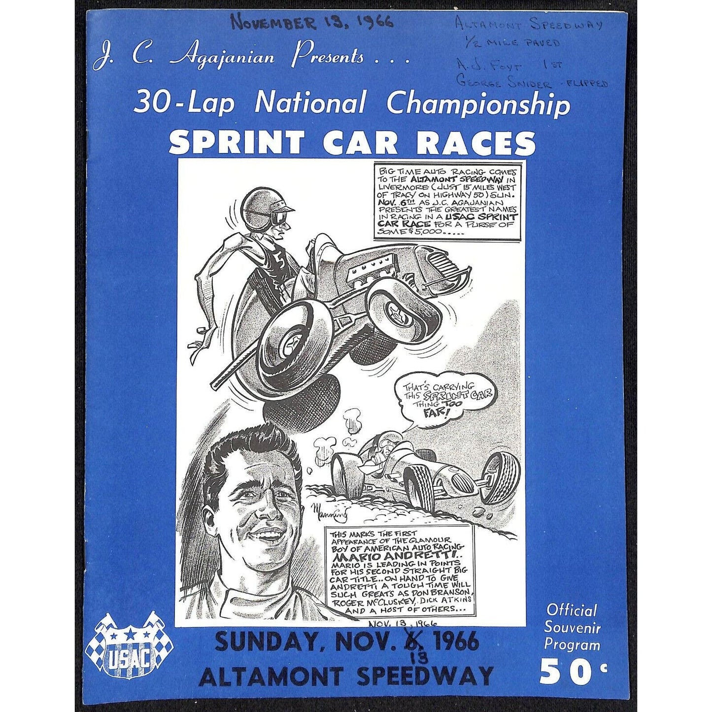Scarce 11/13 1966 Auto Racing USAC Program Altamont Speedway 20pp Mario Andretti