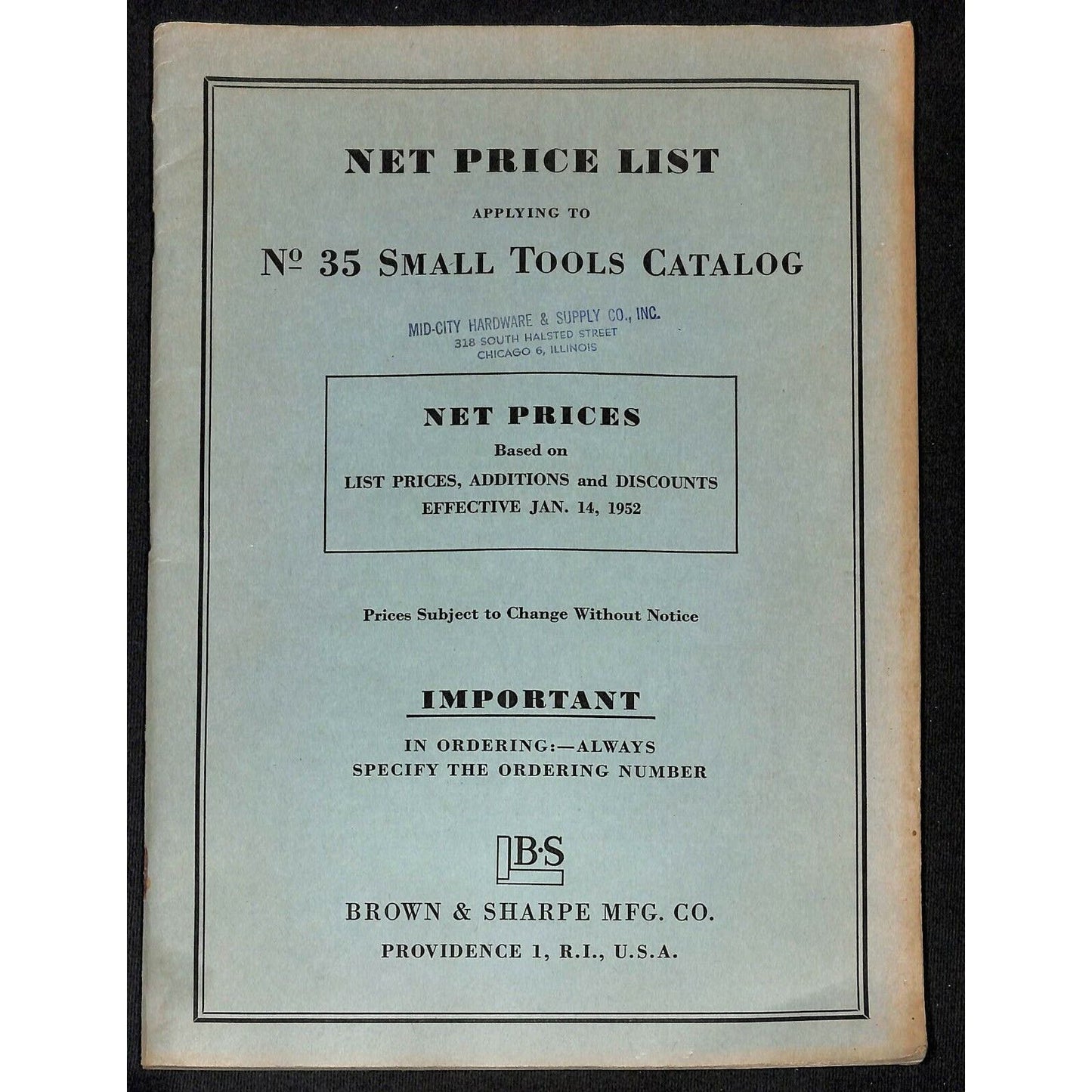 1951 Brown & Sharpe Small Tool Catalog No. 35 - 220pp Mid-City Hardware Chicago