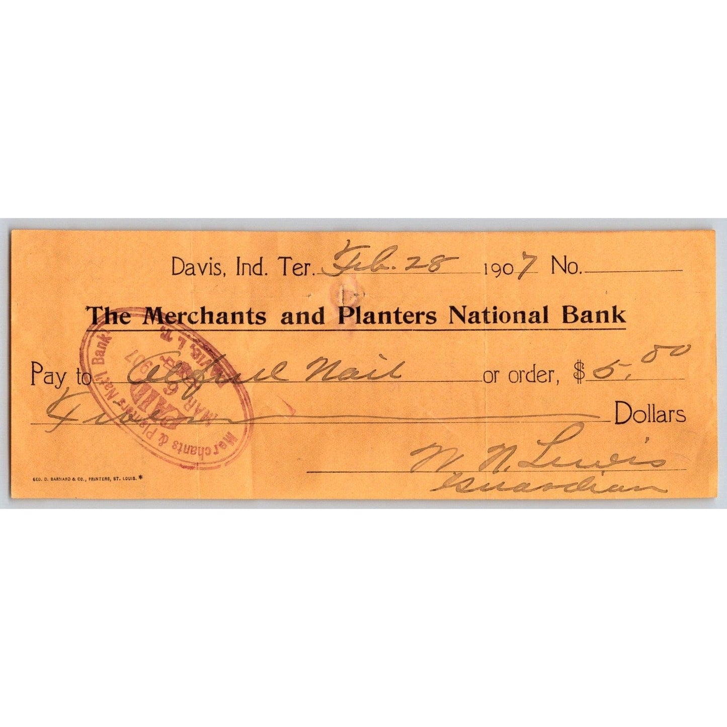 Davis, OK Indian Territory 1907 Merchants and Planters Bank Check - Scarce