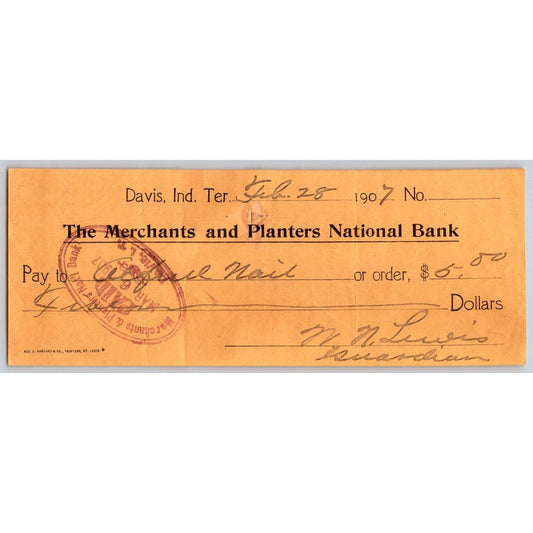 Davis, OK Indian Territory 1907 Merchants and Planters Bank Check - Scarce