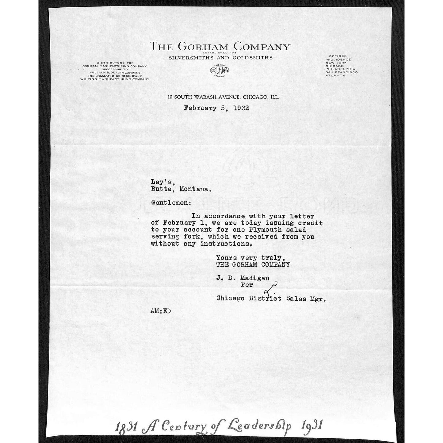 Gorham Company Silver to "Leys" Jewelers Butte, MT 1932 "Century of Leadership"