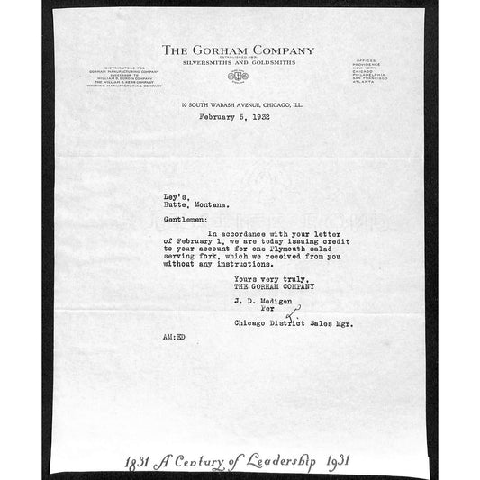Gorham Company Silver to "Leys" Jewelers Butte, MT 1932 "Century of Leadership"