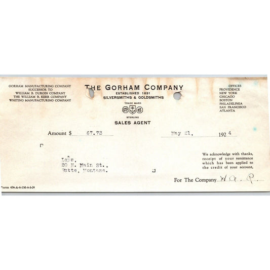 Gorham Company Silversmiths Goldsmiths 1924 "Leys" Billhead $67.73 Receipt