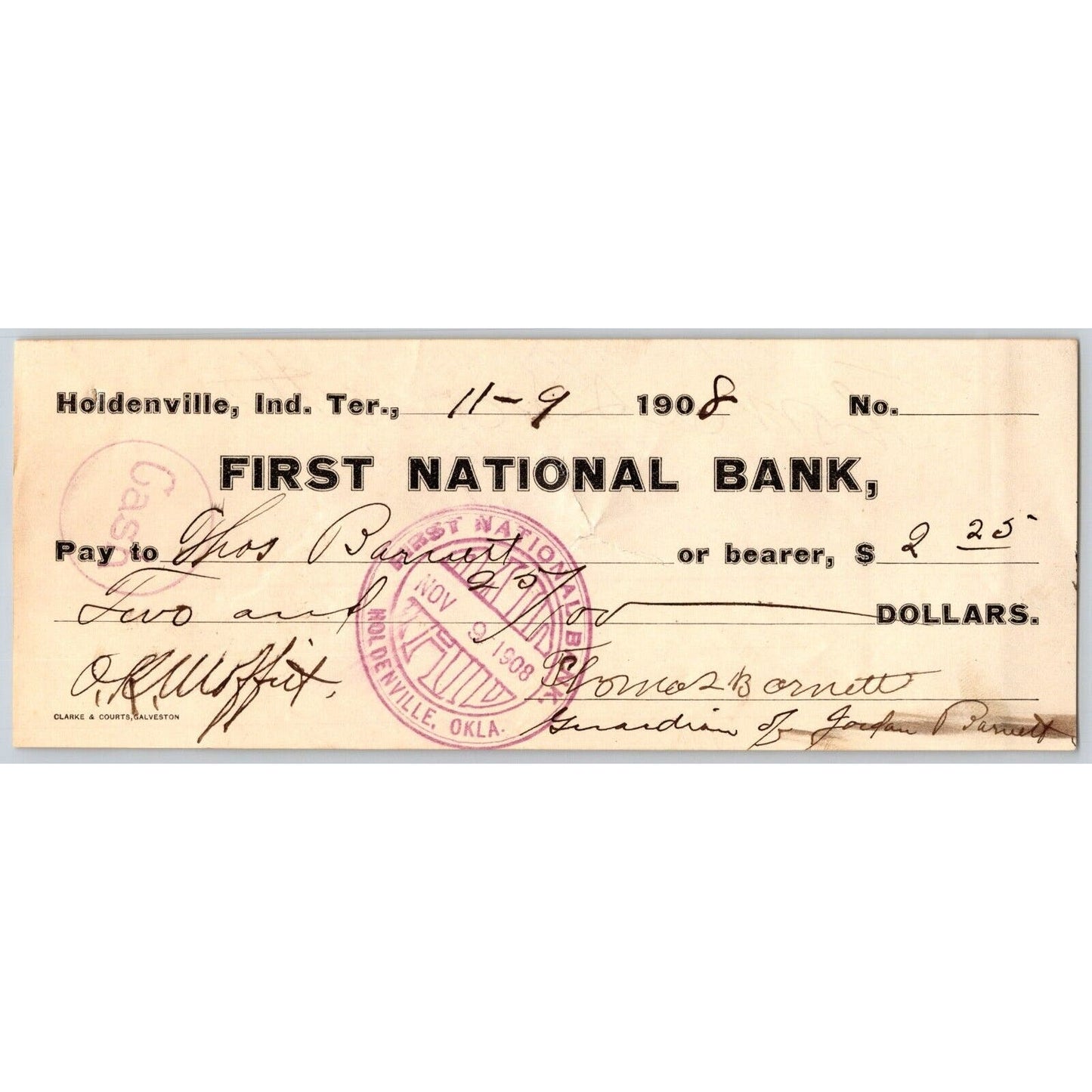 Holdenville, OK 1908 First National Bank Check w/ Bold "Paid" Ink Stamp