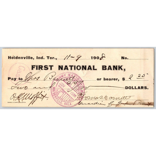 Holdenville, OK 1908 First National Bank Check w/ Bold "Paid" Ink Stamp