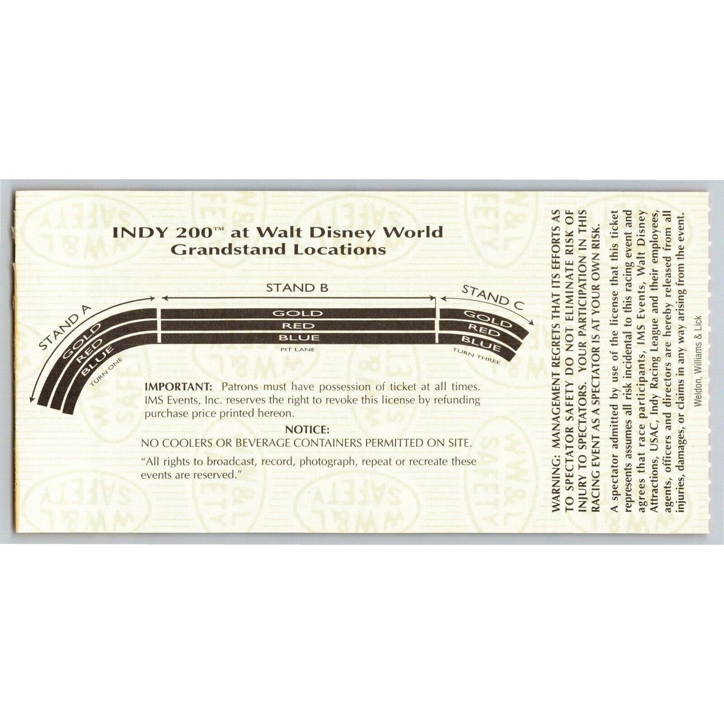 1996 Indy 200 Walt Disney World Ticket Stub - Inaugural Race - Seat 9