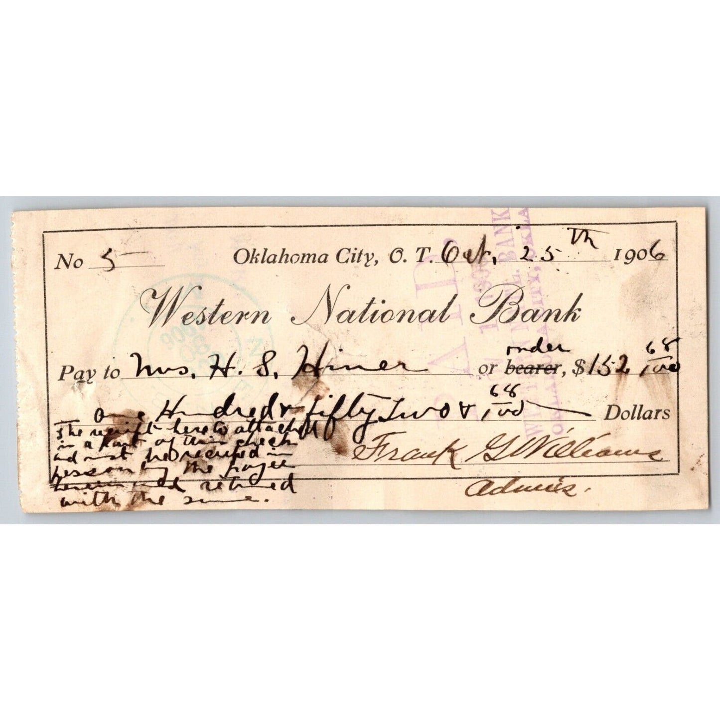 Oklahoma City Western National Bank Territorial 1906 Check