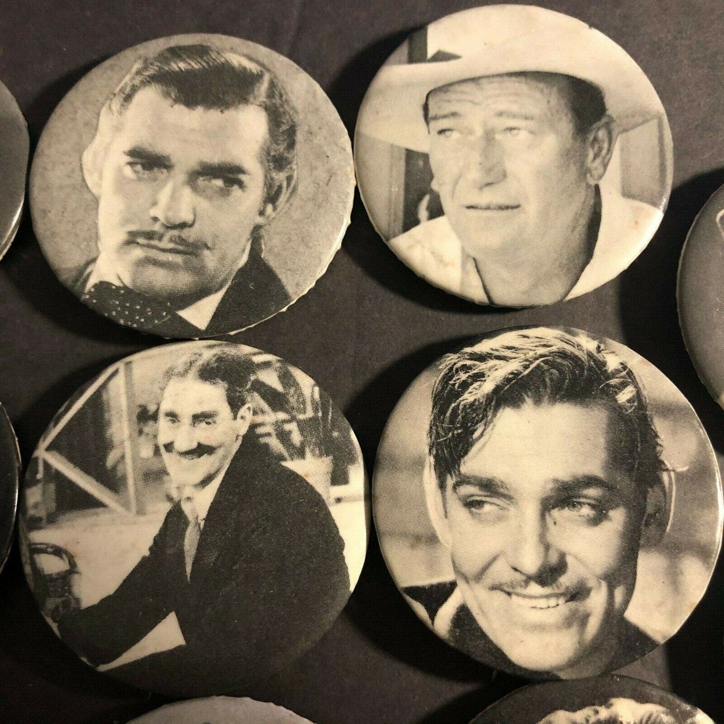 Group of 19 c1966-69 Sandy Val Graphics B&W 1920's-60's Movie Stars Pins Buttons