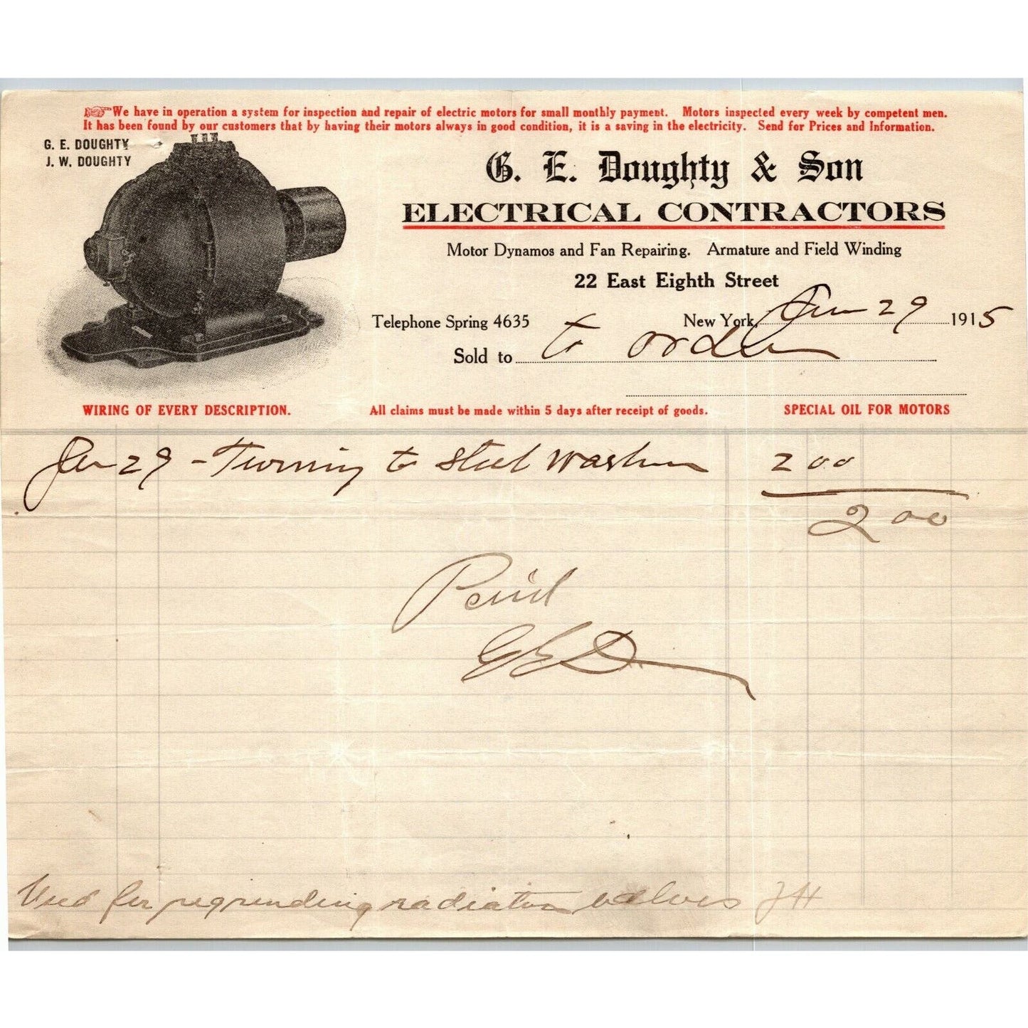 1915 G. E. Doughty & Son Electrical Contractors Letterhead Billhead 8th St NYC