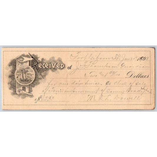 Fort Gibson Indian Territory Oklahoma $2 1903 Receipt "Clerk of Sale" Services