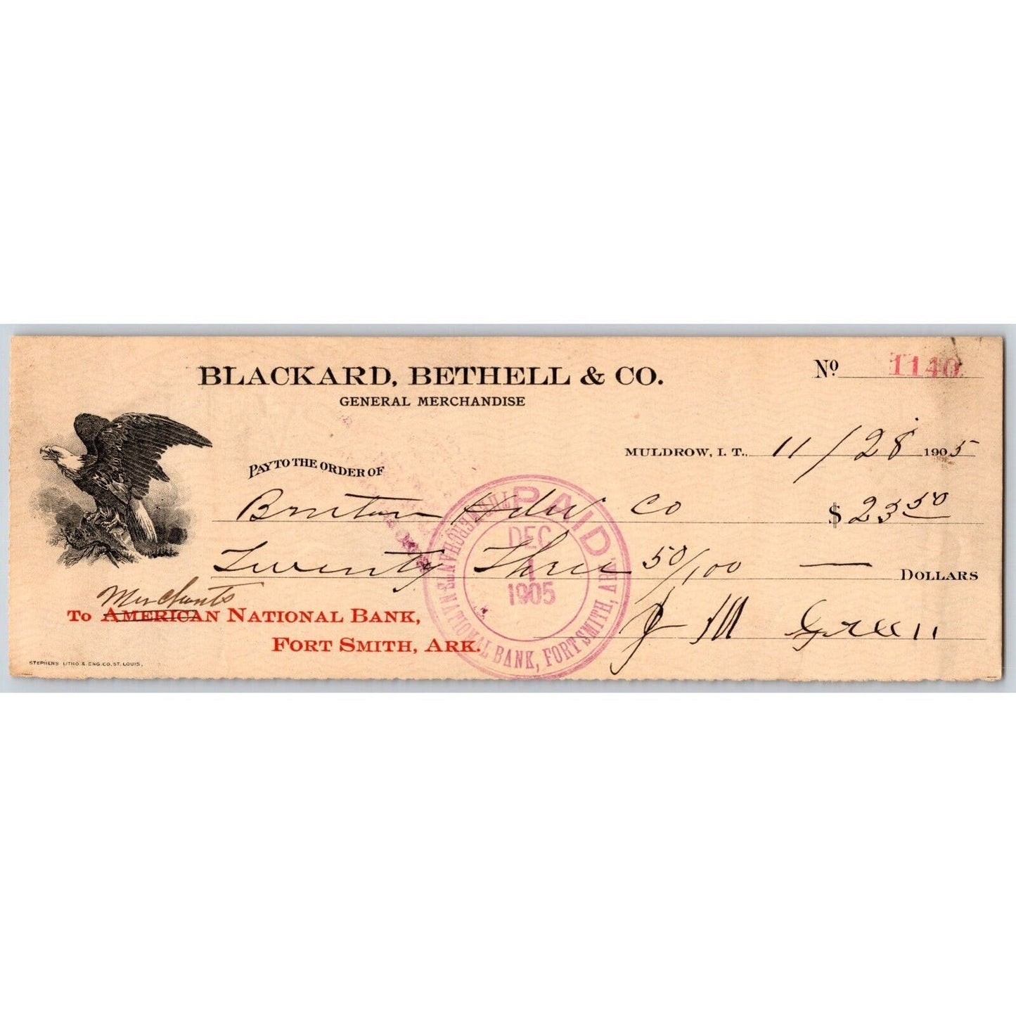 Muldrow, OK Indian Territory 1905 Blackard, Bethell & Co. Bank Check w/ Eagle