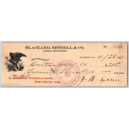 Muldrow, OK Indian Territory 1905 Blackard, Bethell & Co. Bank Check w/ Eagle