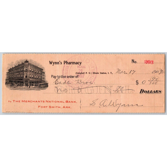 Illinois Station, OK 1907 Indian Territory Wynn's Pharmacy Bank Check Scarce