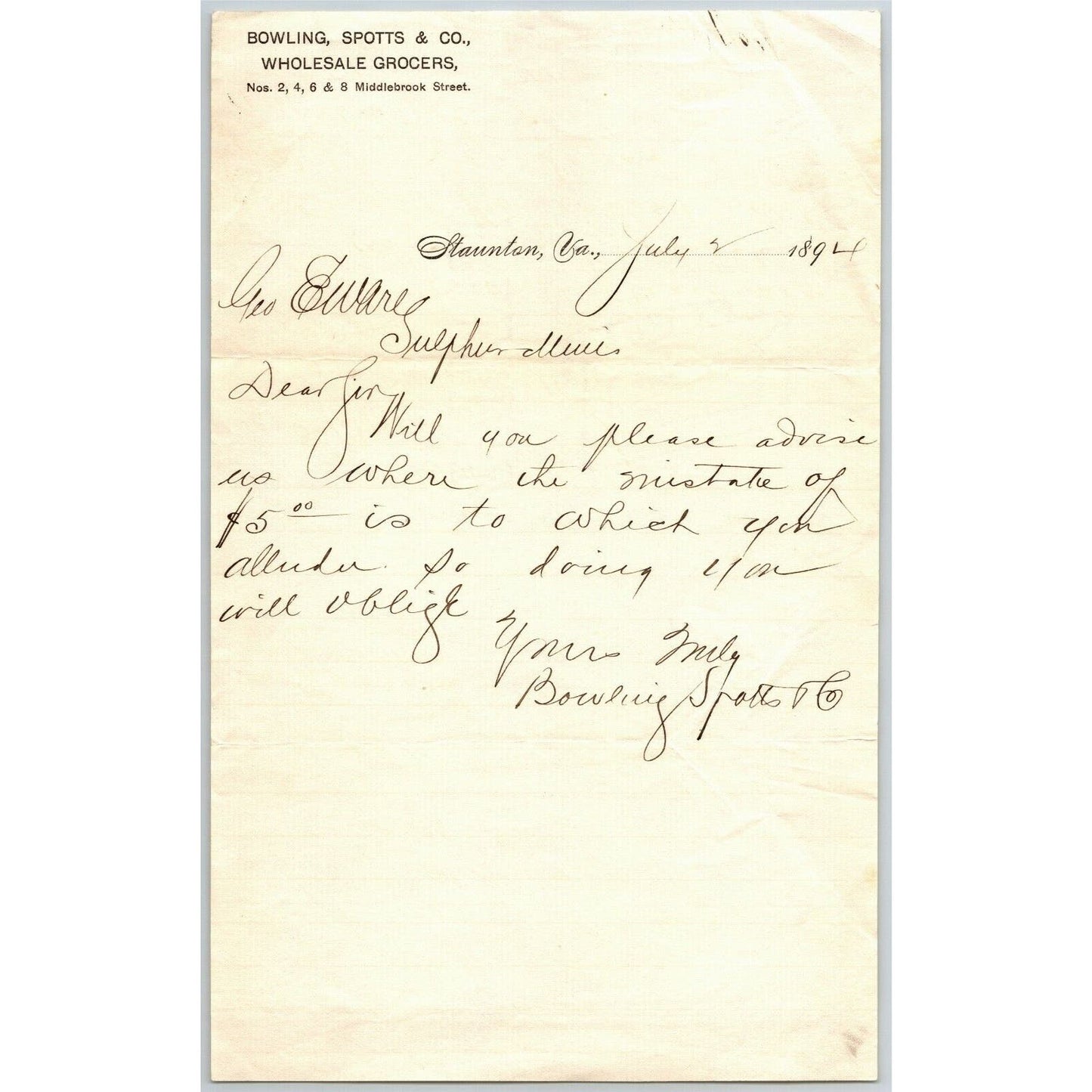 1894 Scarce Bowling, Spotts & Co. Groceries Staunton, VA Letterhead Billhead