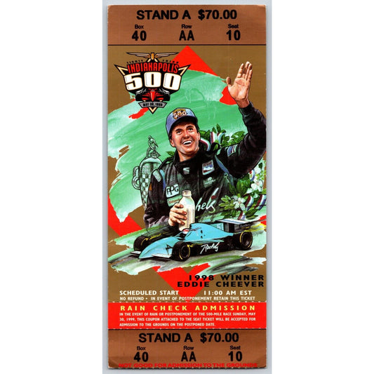 1999 Indianapolis 500 Ticket Stub Racing IMS Eddie Cheever - seat 10