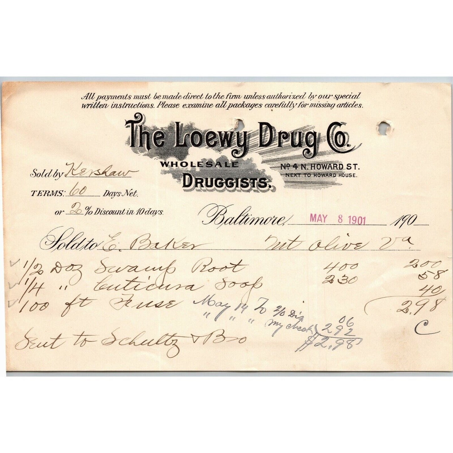 1901 Letterhead Billhead - Loewy Drug Co. Druggist Baltimore Ephraim Baker*