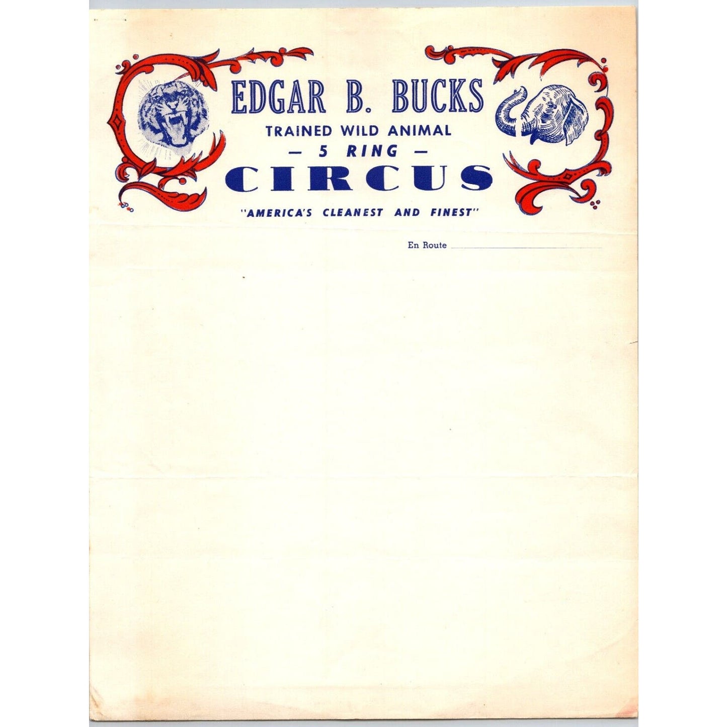 Edgar B. Bucks Trained Wild Animal 5 Ring Circus Letterhead c1955 Scarce