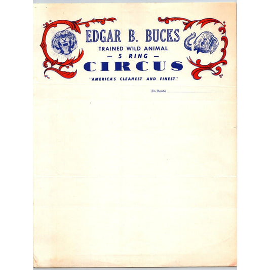 Edgar B. Bucks Trained Wild Animal 5 Ring Circus Letterhead c1955 Scarce