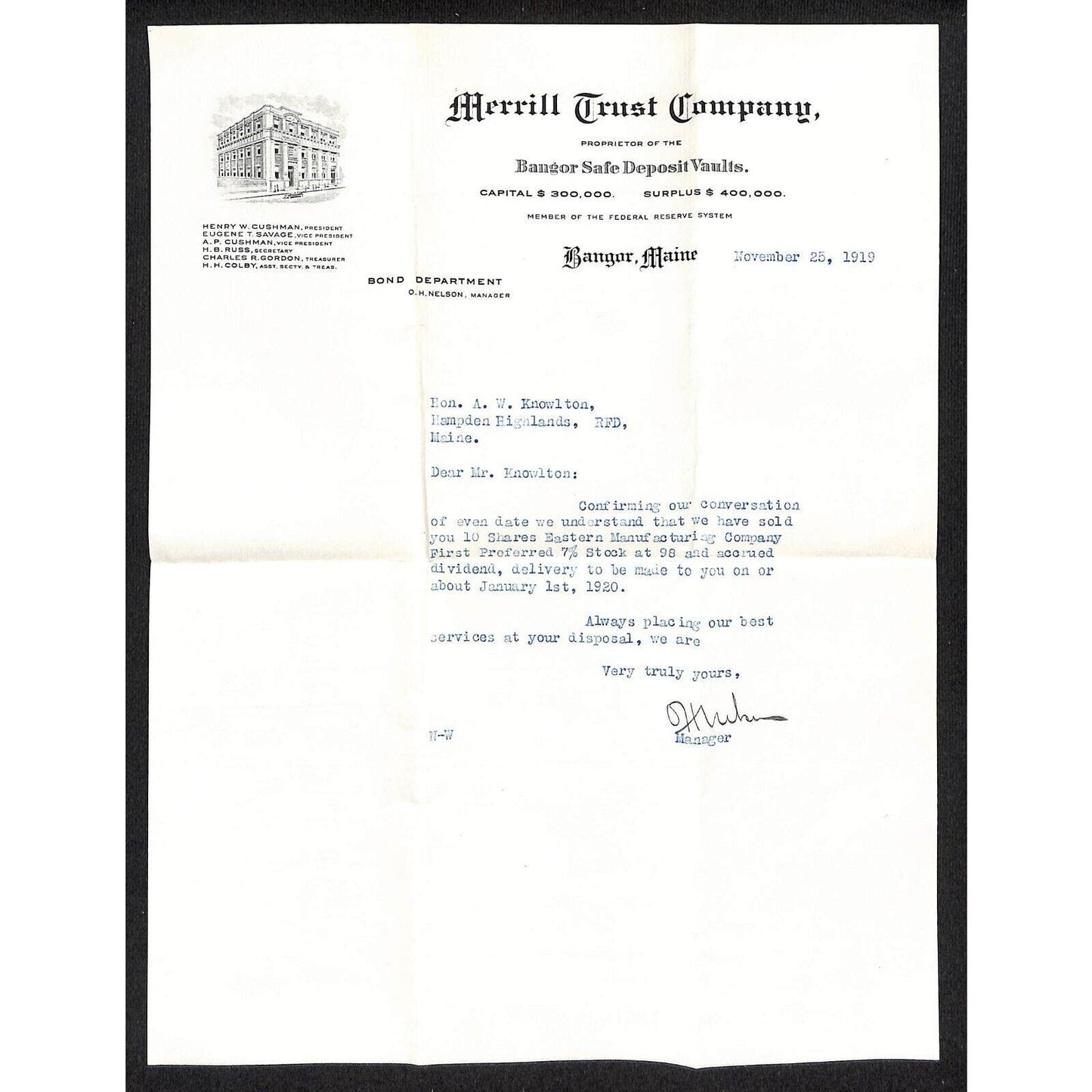 Hampden Highlands, ME Amos W. Knowlton* 1919 Bangor Merrill Trust Co. Letterhead