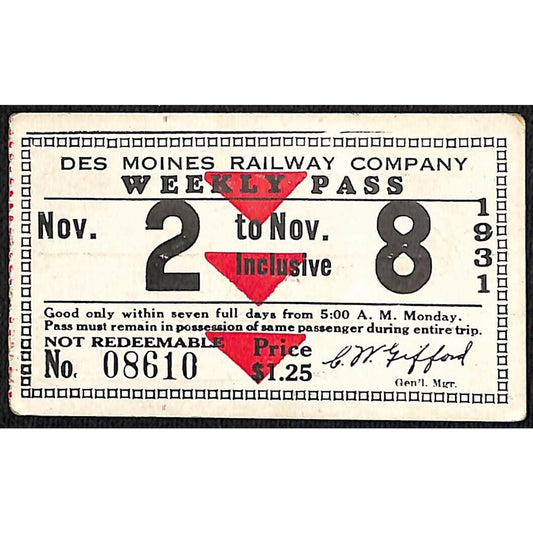 Des Moines Railway Company 1931 Weekly Pass #08610