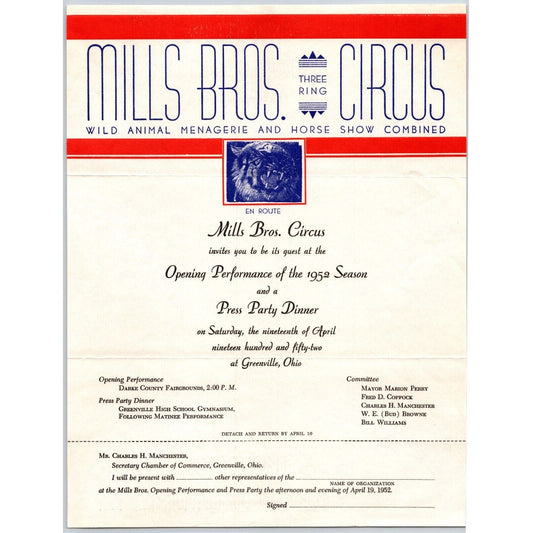Miller Bros. 3 Ring Circus Letterhead re: Press Party Dinner c1952 Scarce