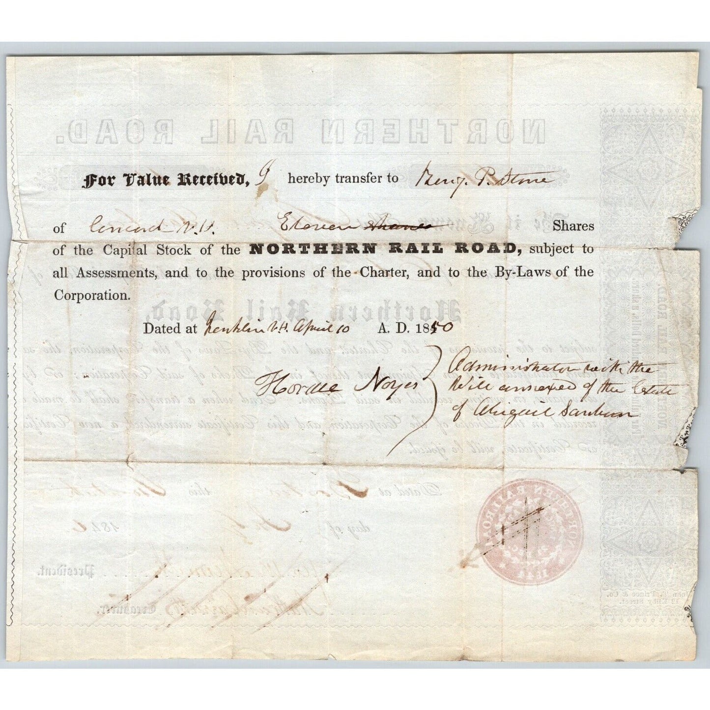 1846 Boston, MA Northern Railroad Stock Certificate LOW No. 61 for 11 Shares