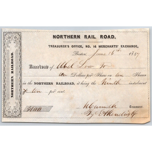 1847 Boston, MA Northern Railroad Treasurer Stock Receipt - 10 @$10ea "Abel Low"