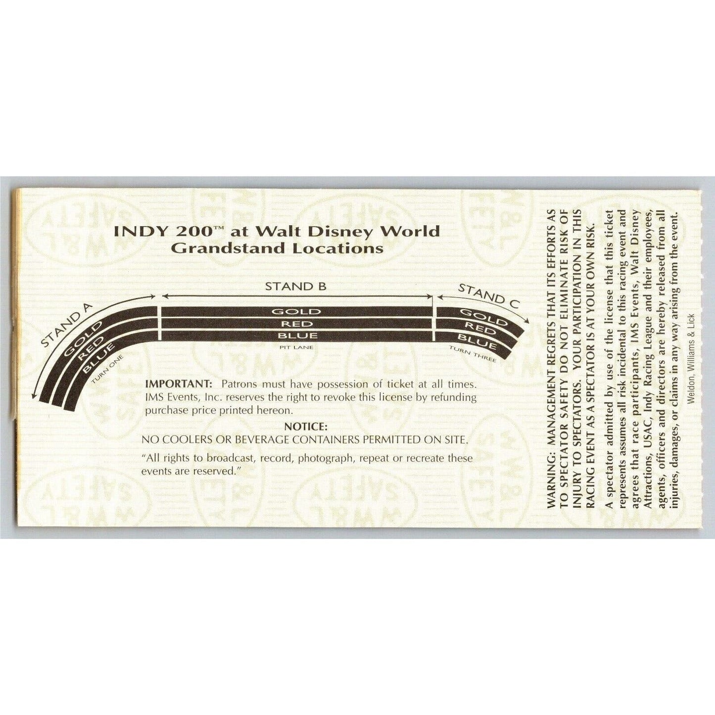 1996 Indy 200 Walt Disney World Ticket Stub - Inaugural Race - Seat 11