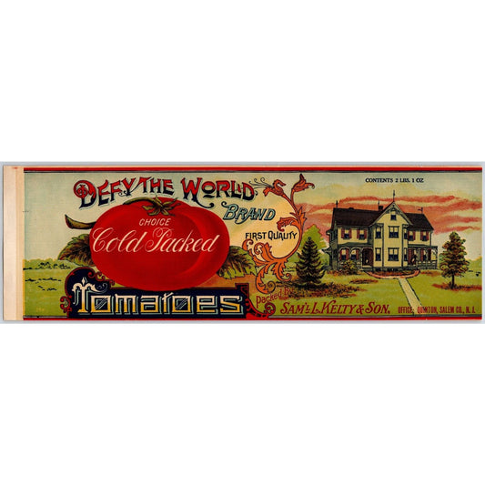 "Defy the World" Tomatoes Paper Can Label Samuel L. Kelty & Son c1920's-30's VGC