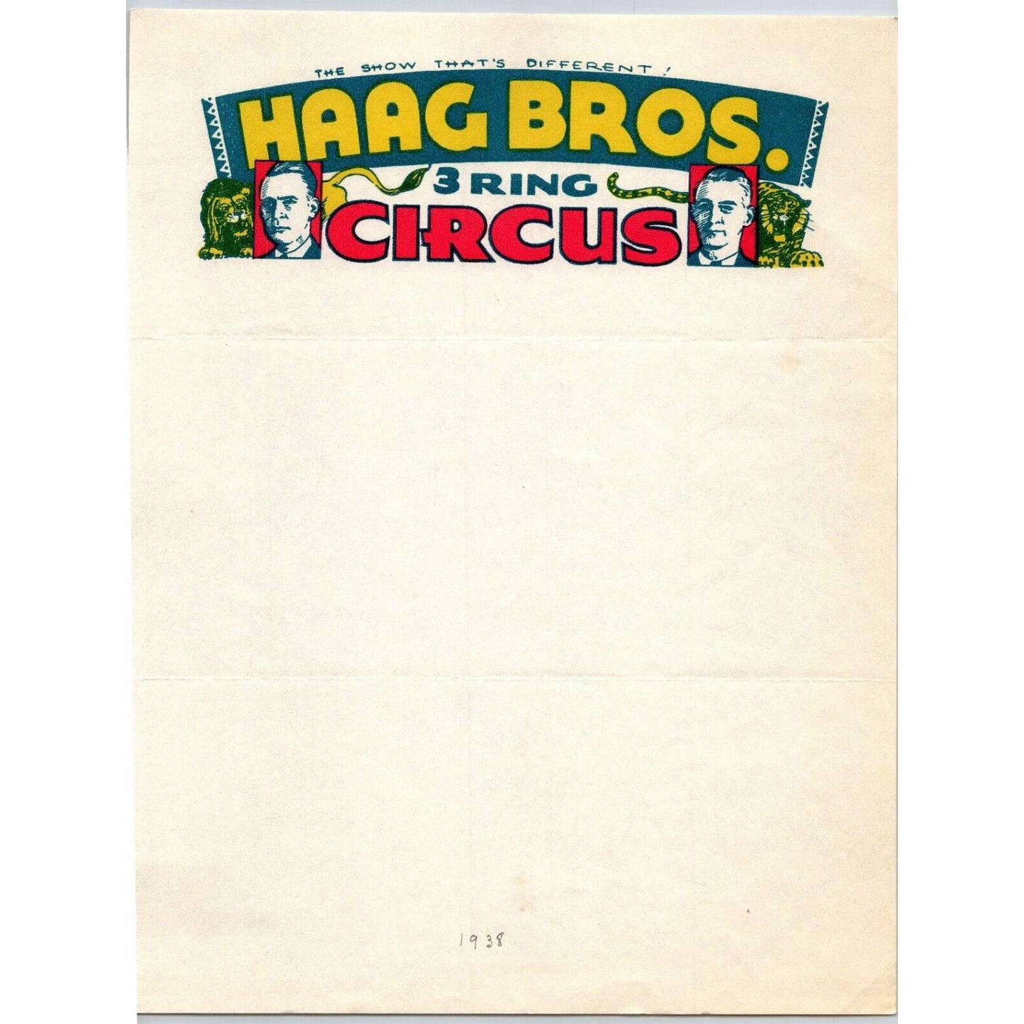 Haag Bros. 3 Ring Circus Letterhead c1938 Tiger Lion Very Scarce