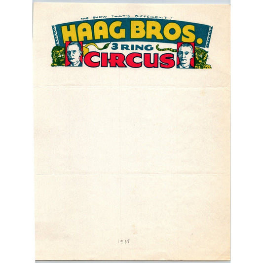 Haag Bros. 3 Ring Circus Letterhead c1938 Tiger Lion Very Scarce