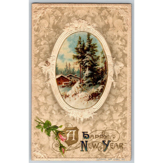 Vintage Postcard c1911 Happy New Year - House in Woods Winter Scene - Emboss