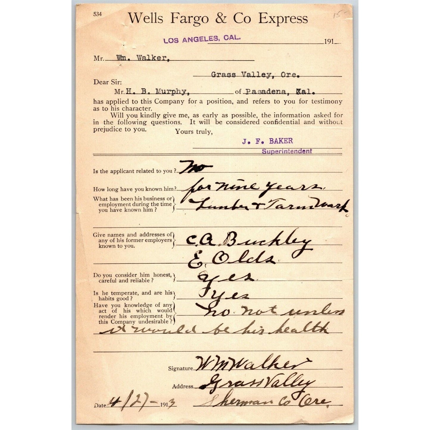 1913 Wells Fargo Express Employment Reference / Testimony LA / Pasadena