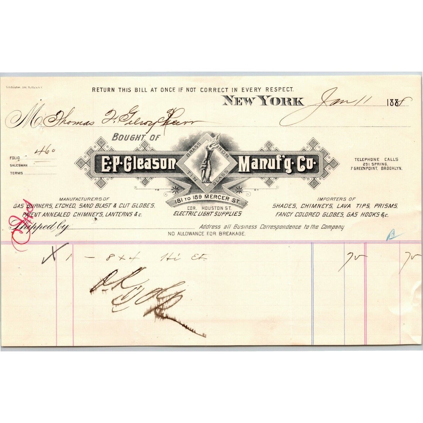 1888 E. P. Gleason Electric Light Supplies Billhead Letterhead - Mercer St. NYC