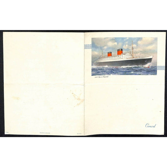 1954 Cunard Queen Elizabeth Cruise Line Farewell Dinner Menu Nov 7 w/ Writing