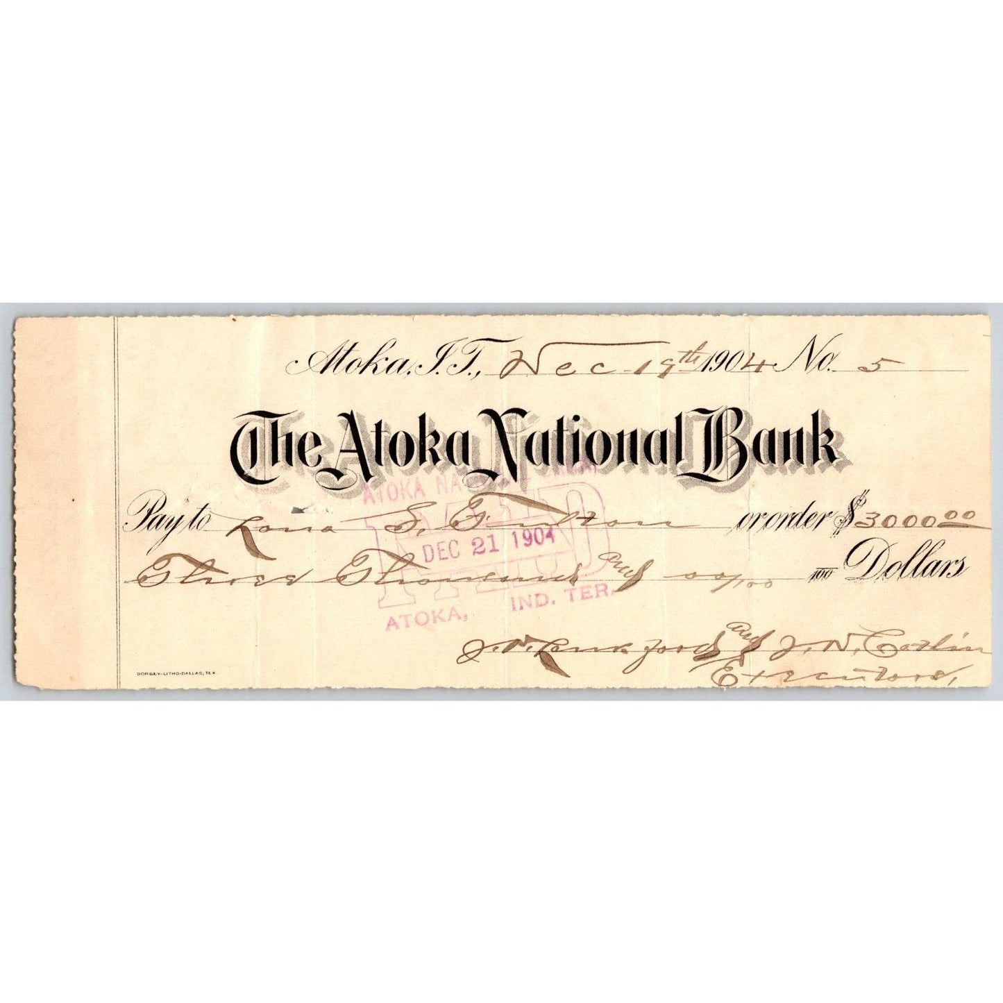Atoka, OK 1904 Indian Territory "The Atoka National Bank" Check $3000 - Scarce