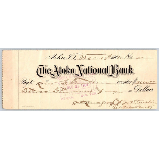 Atoka, OK 1904 Indian Territory "The Atoka National Bank" Check $3000 - Scarce