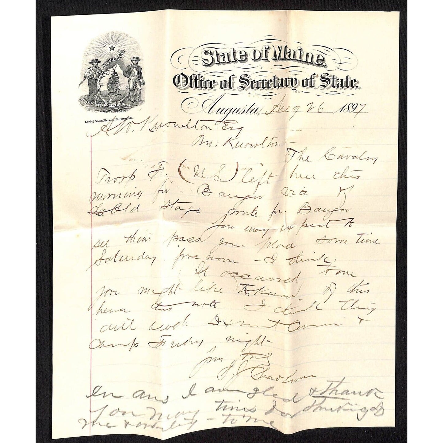 Bangor & Newburg, ME Amos W. Knowlton* 1897 Secretary of State Letterhead & ALS