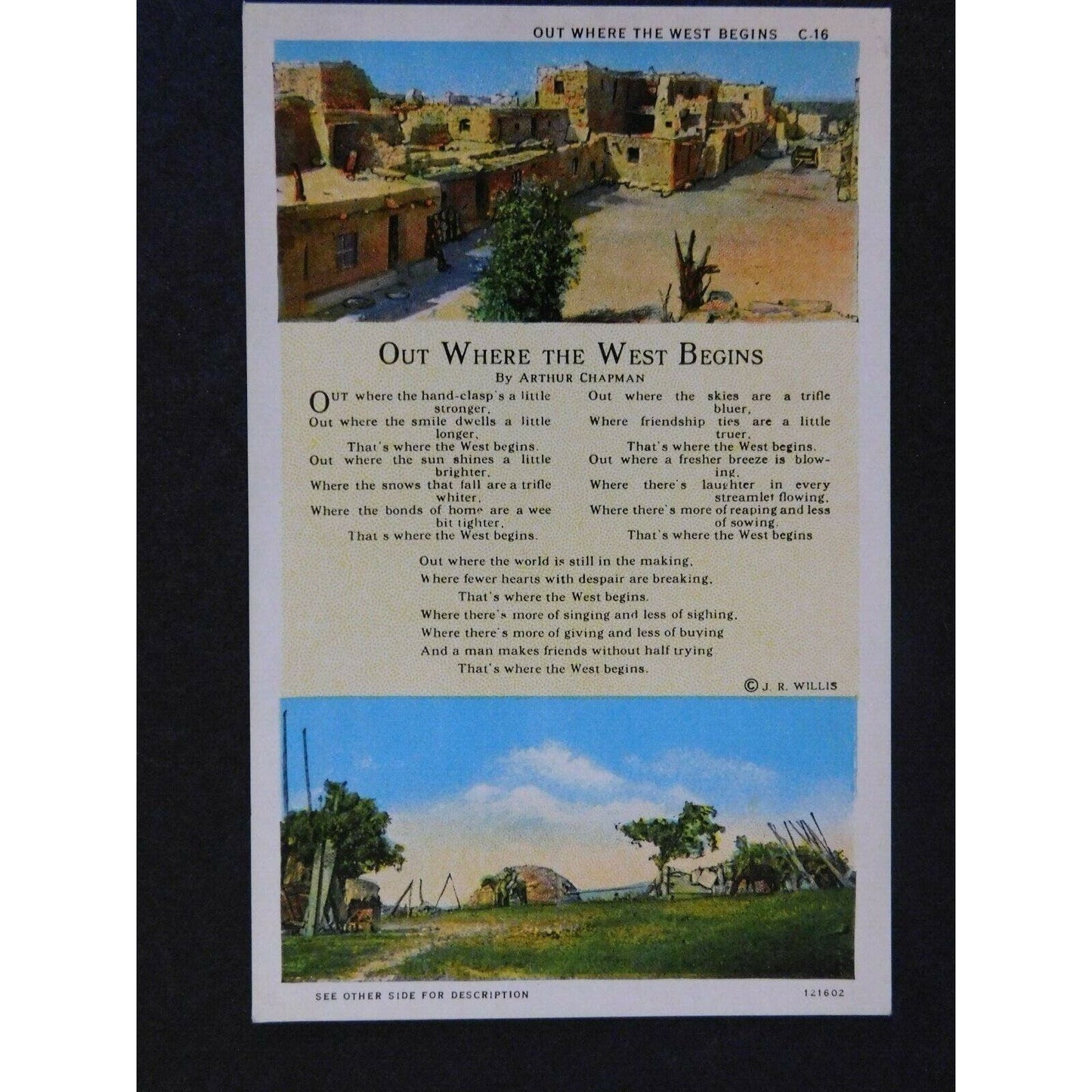 Vintage Postcard - "Out Where The West Begins" Arthur Chapman Poem