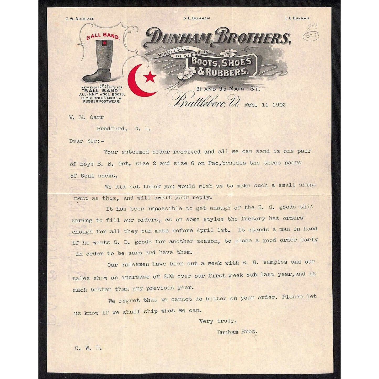 Battleboro, VT Dunham Brothers Boots Shoes Rubbers 1903 Letterhead Scarce