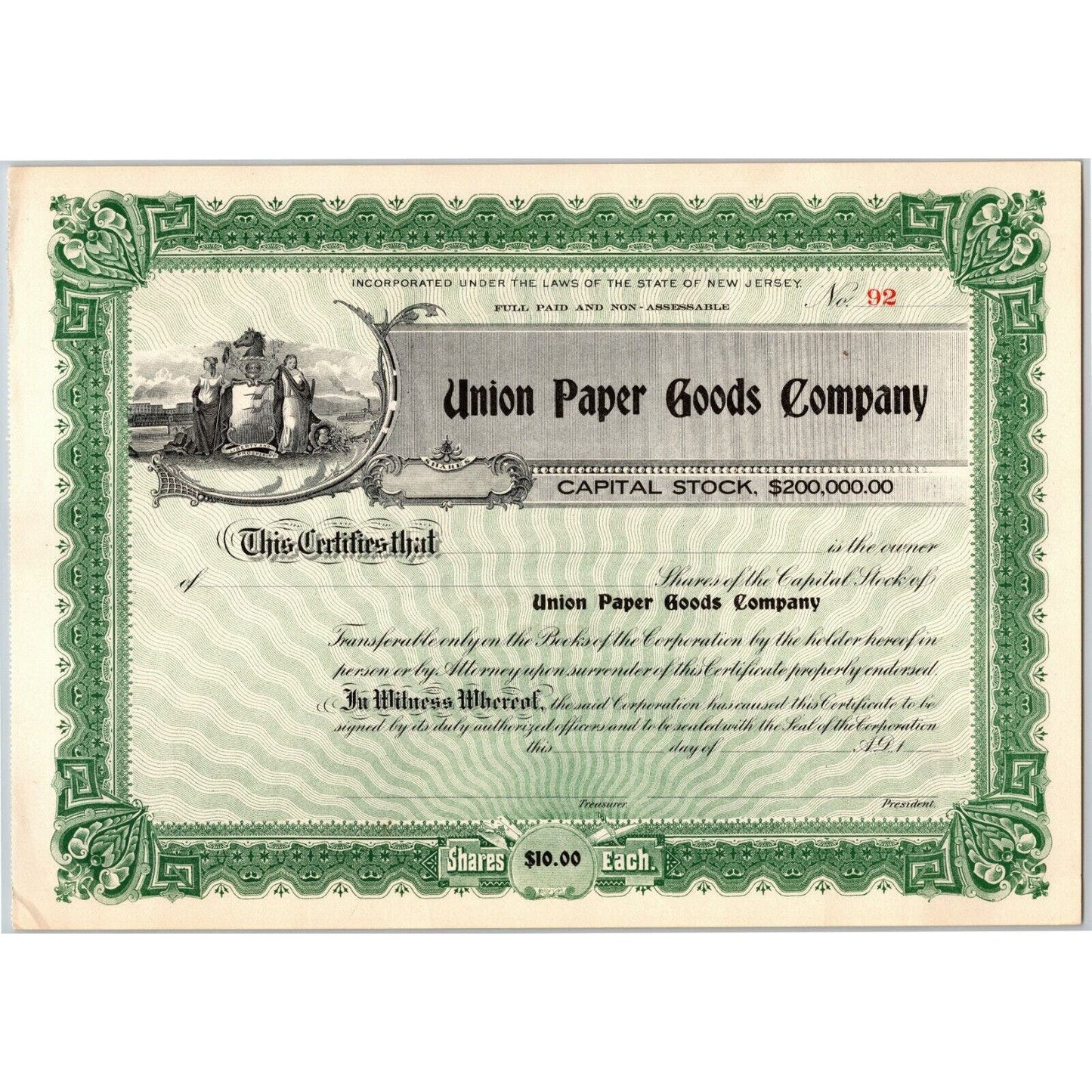 Vintage c1906 Stock Certificate "Union Paper Goods Company" NJ