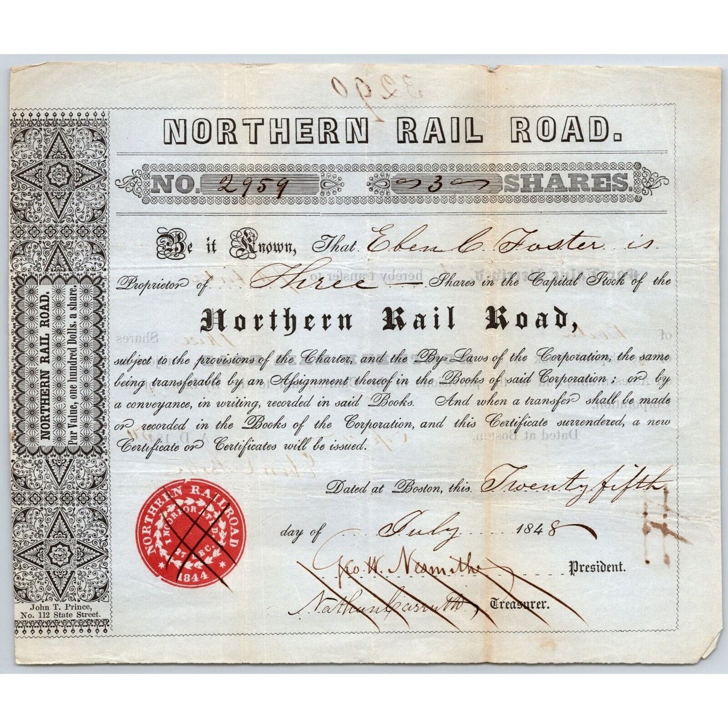1848 Boston, MA Northern Railroad Stock Certificate No. 2959 for 3 Shares