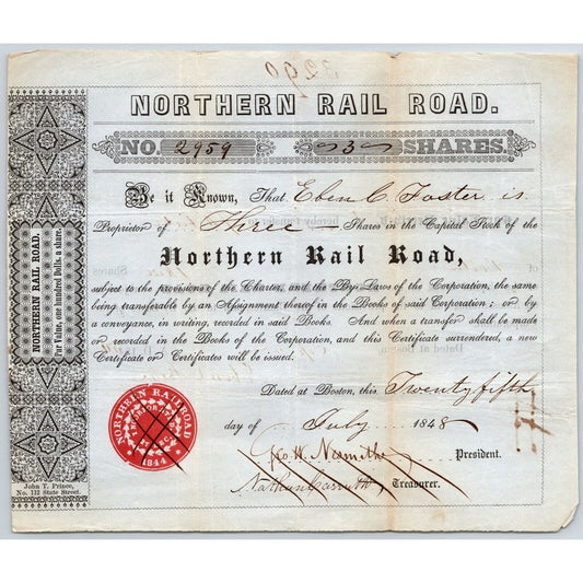 1848 Boston, MA Northern Railroad Stock Certificate No. 2959 for 3 Shares