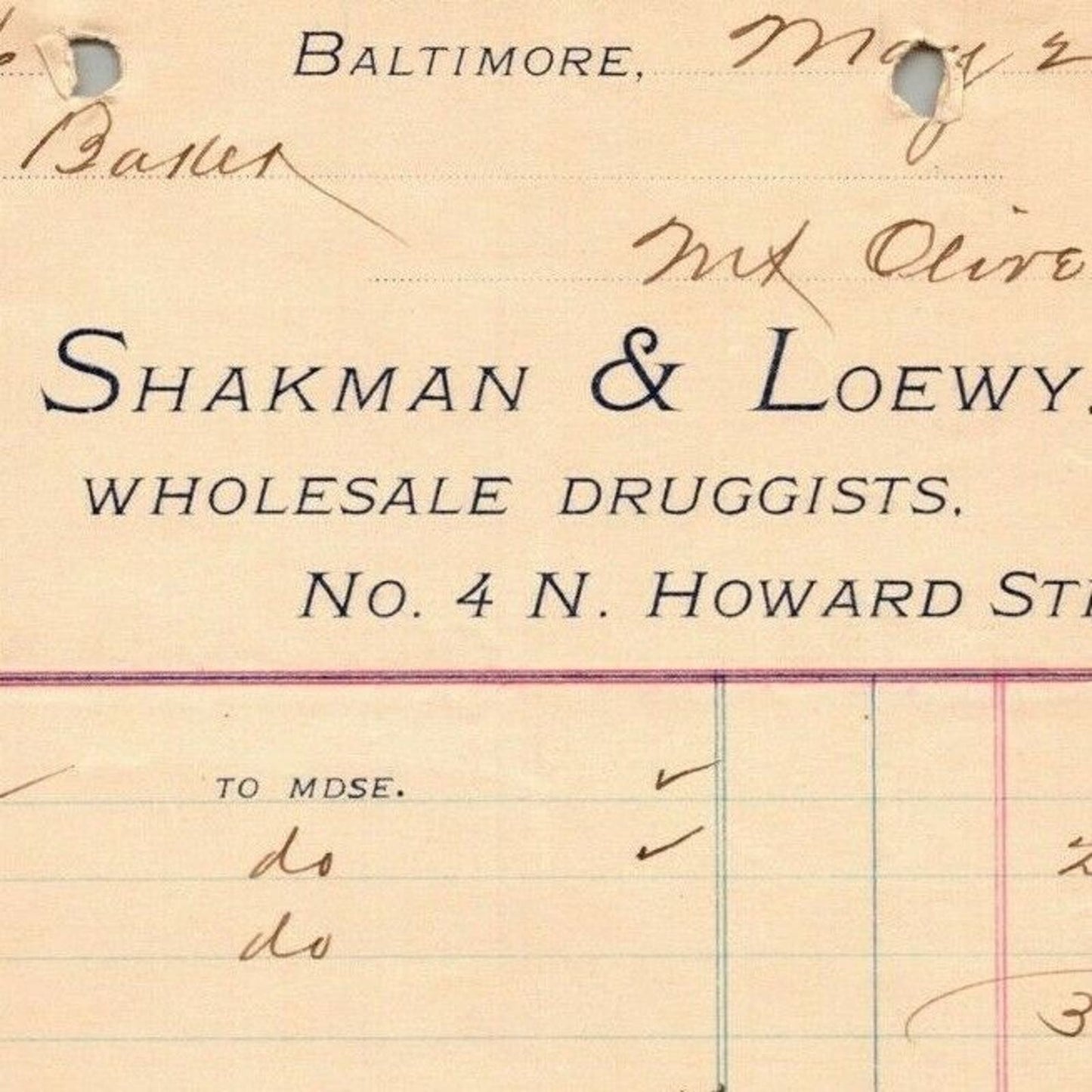 1898 Letterhead Billhead - Shakman & Loewy Druggists Baltimore - Ephraim Baker*