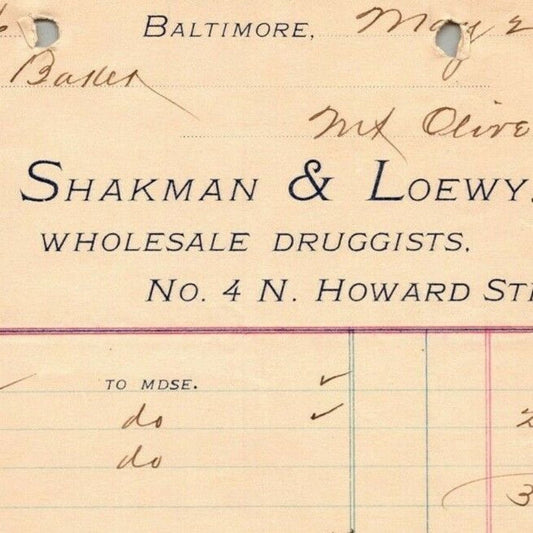 1898 Letterhead Billhead - Shakman & Loewy Druggists Baltimore - Ephraim Baker*