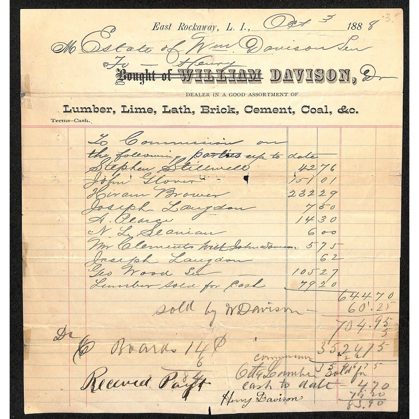1888 East Rockaway, LI, NY Letterhead William Davison Lumber Brick Lime Lath