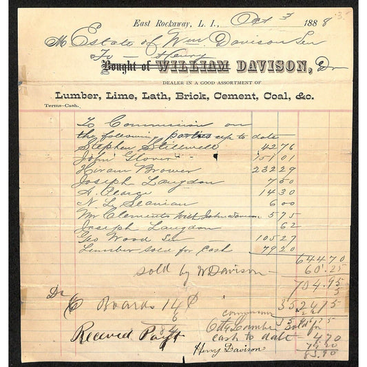 1888 East Rockaway, LI, NY Letterhead William Davison Lumber Brick Lime Lath